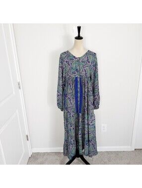 Kathmandu Imports Boho Paisley Long Sleeve Button Front Maxi Dress Large